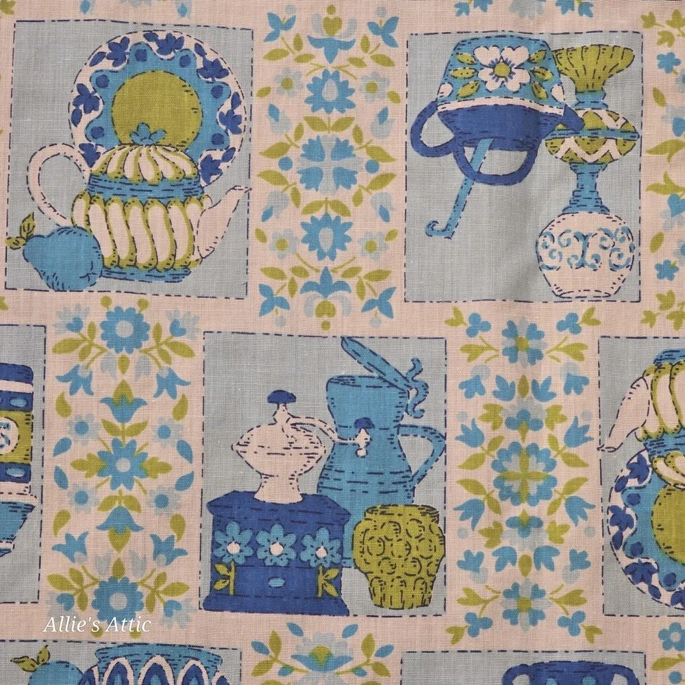 Vintage Sewing Fabric Kitchen Coffee Tea Floral 70s Blue Green 4+yd Cotton